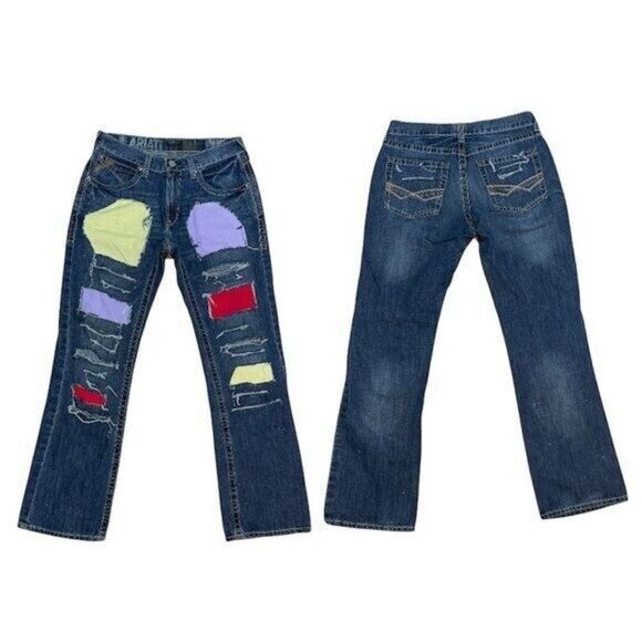 ARIAT Denim Blue M5 Low Rise Straight 31x34 Blue Jeans W/ Patches Distressed - Picture 2 of 12